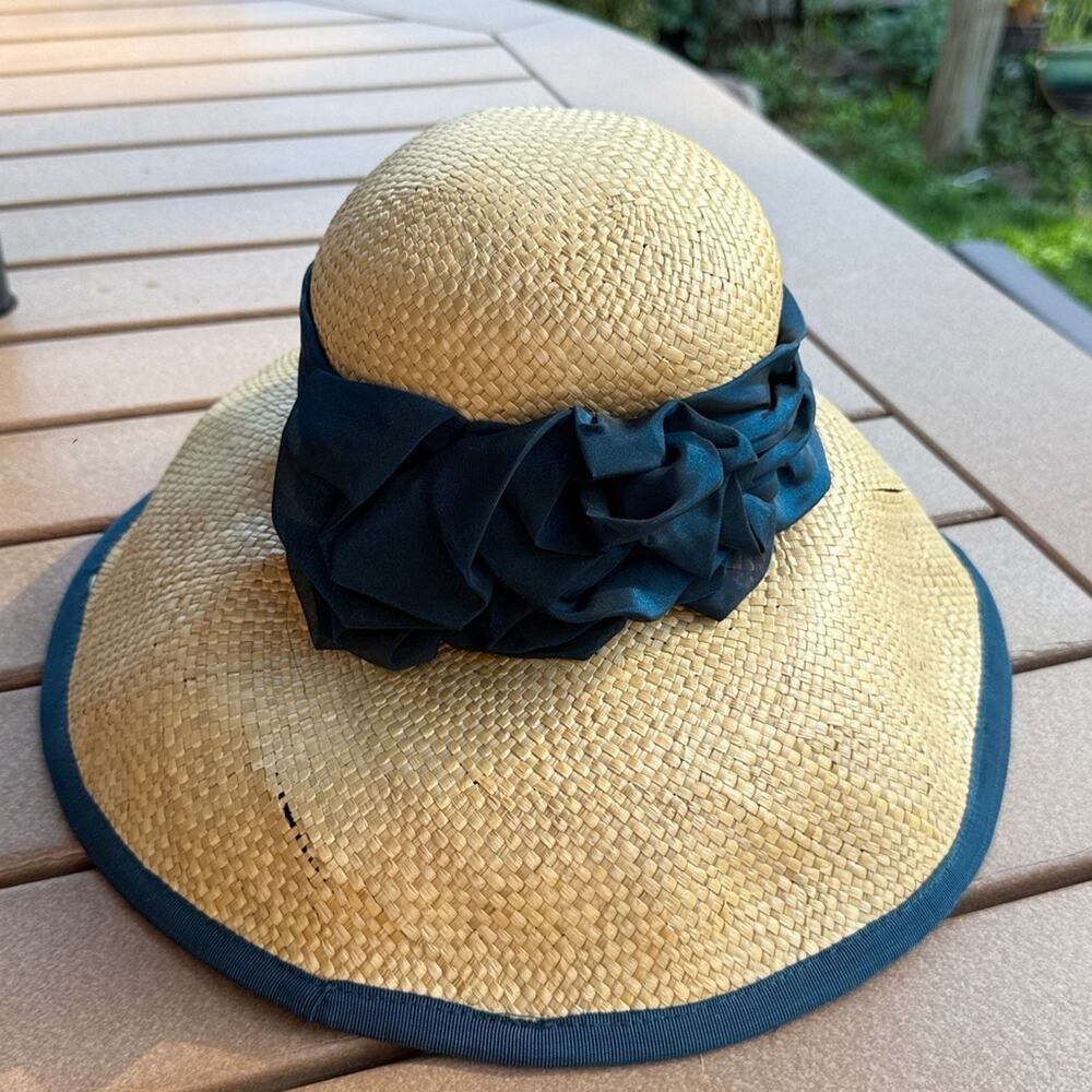 Straw Hat with Navy Ribbon
